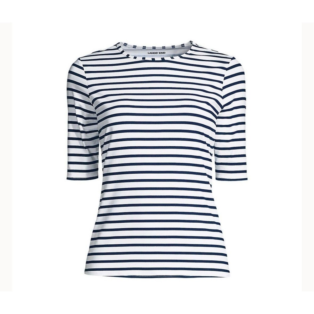Lands' End Women's Striped Crewneck Short Sleeve Rash Guard Navy Blue Plus 3X